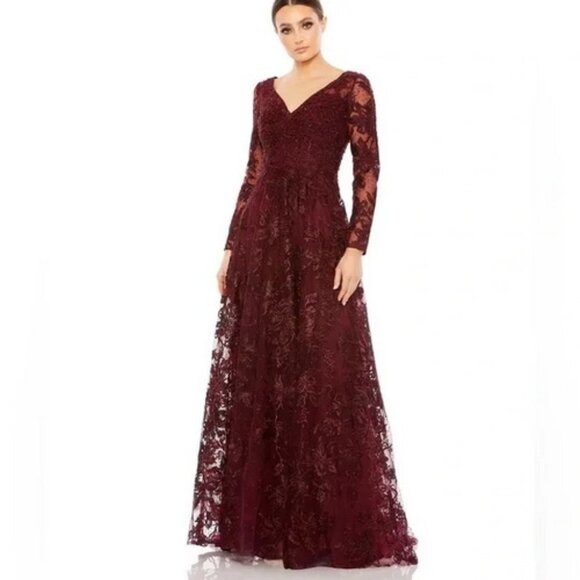 Mac Duggal Mahogany Burgundy Beaded Floral Embroidered Long Sleeve Gown